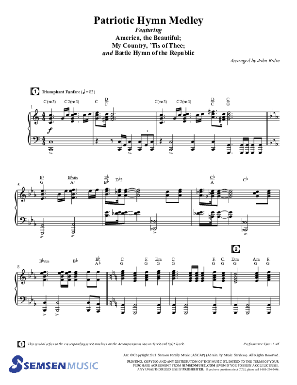 Patriotic Hymn Medley (Choral Anthem SATB) Anthem (SATB/Piano) (Semsen Music / Arr. John Bolin)