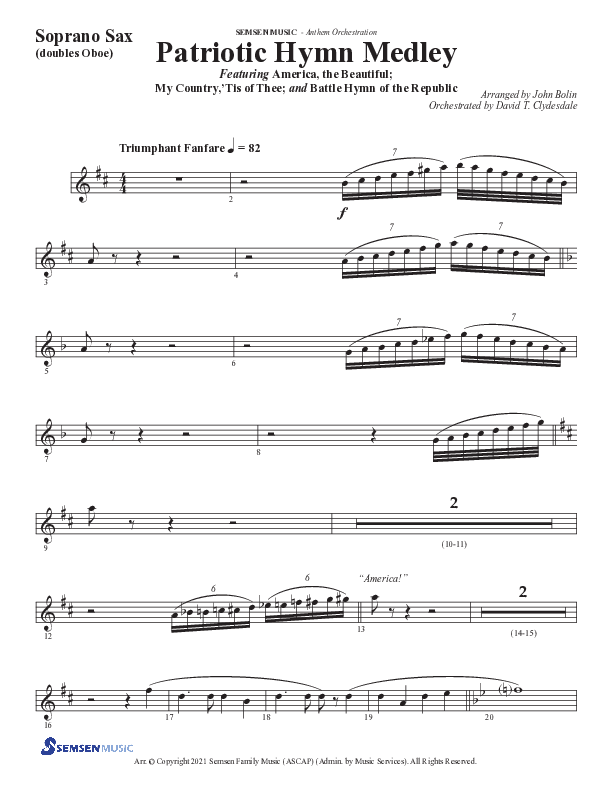 Patriotic Hymn Medley (Choral Anthem SATB) Soprano Sax (Semsen Music / Arr. John Bolin)