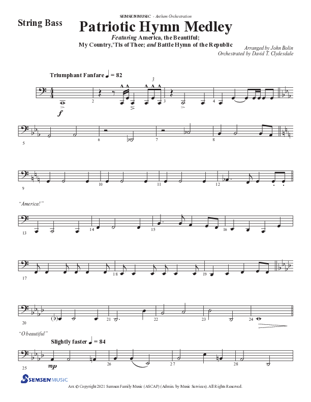 Patriotic Hymn Medley (Choral Anthem SATB) String Bass (Semsen Music / Arr. John Bolin)