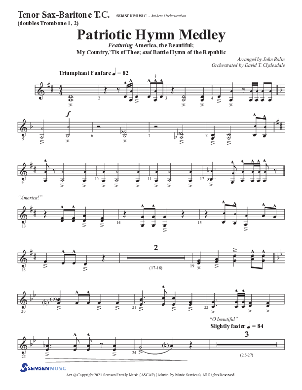 Patriotic Hymn Medley (Choral Anthem SATB) Tenor Sax/Baritone T.C. (Semsen Music / Arr. John Bolin)