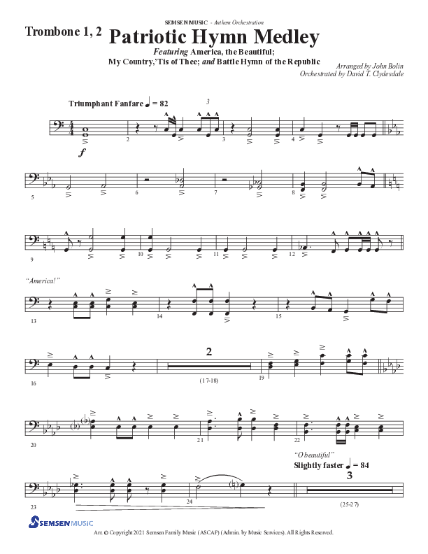 Patriotic Hymn Medley (Choral Anthem SATB) Trombone 1/2 (Semsen Music / Arr. John Bolin)