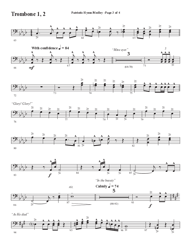 Patriotic Hymn Medley (Choral Anthem SATB) Trombone 1/2 (Semsen Music / Arr. John Bolin)