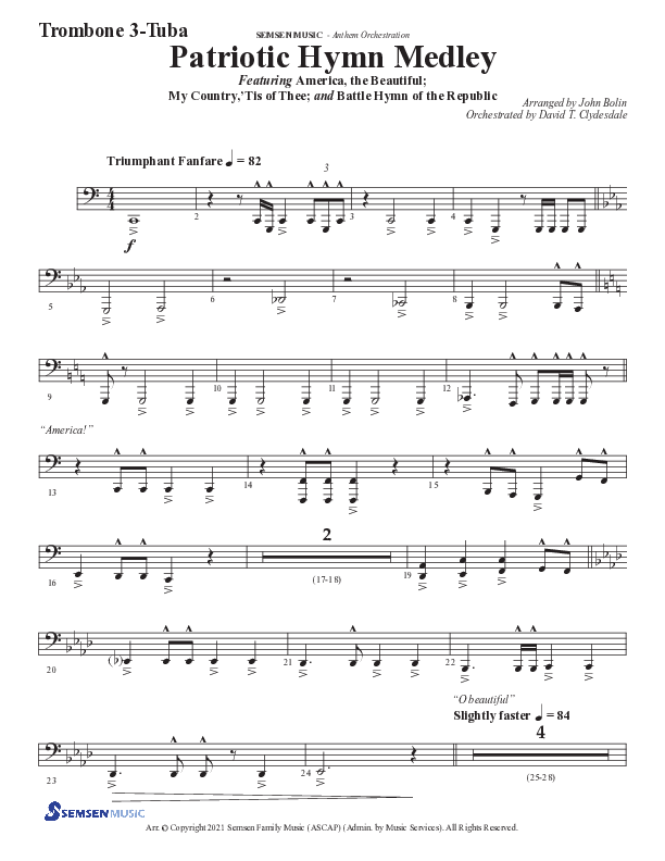 Patriotic Hymn Medley (Choral Anthem SATB) Trombone 3/Tuba (Semsen Music / Arr. John Bolin)