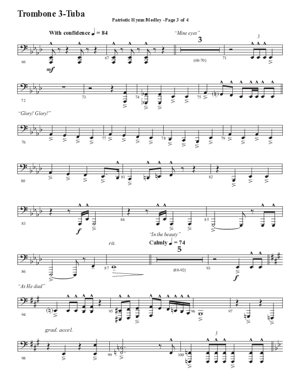 Patriotic Hymn Medley (Choral Anthem SATB) Trombone 3/Tuba (Semsen Music / Arr. John Bolin)