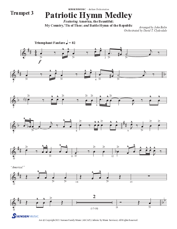 Patriotic Hymn Medley (Choral Anthem SATB) Trumpet 3 (Semsen Music / Arr. John Bolin)