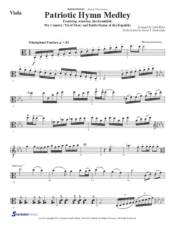 Patriotic Hymn Medley (Choral Anthem SATB) Viola (Semsen Music / Arr. John Bolin)