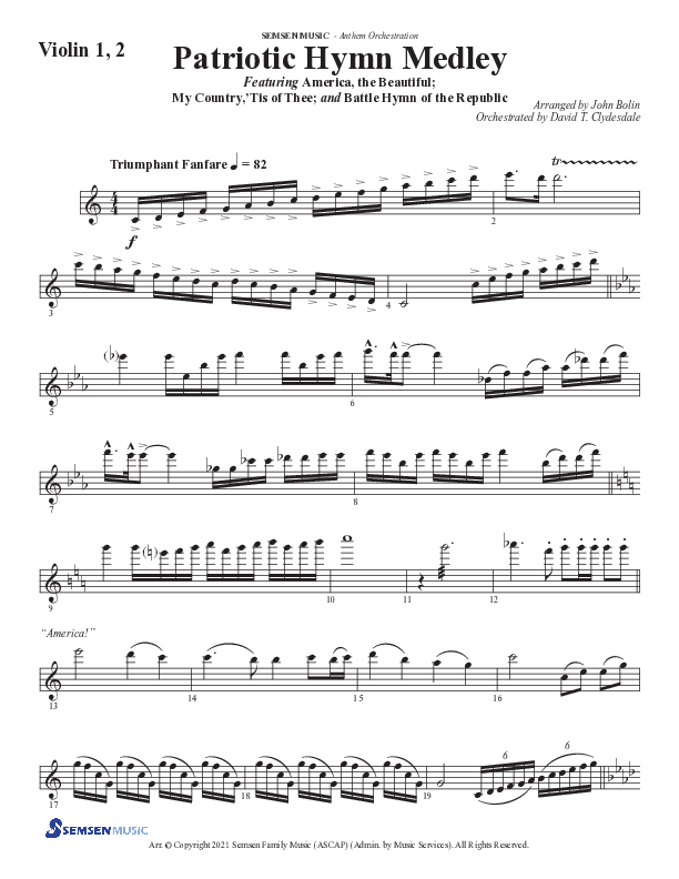 Patriotic Hymn Medley (Choral Anthem SATB) Violin 1/2 (Semsen Music / Arr. John Bolin)
