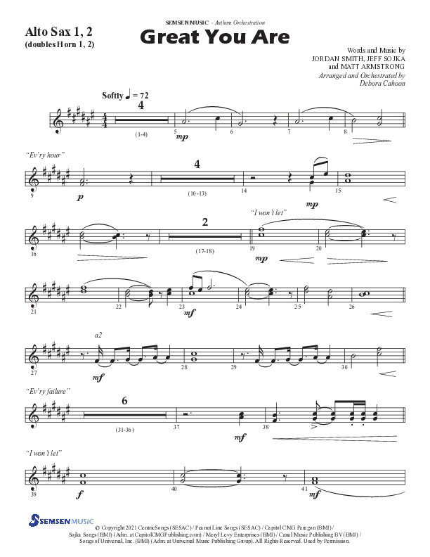 Great You Are (Choral Anthem SATB) Alto Sax 1/2 (Semsen Music / Arr. Debora Cahoon)