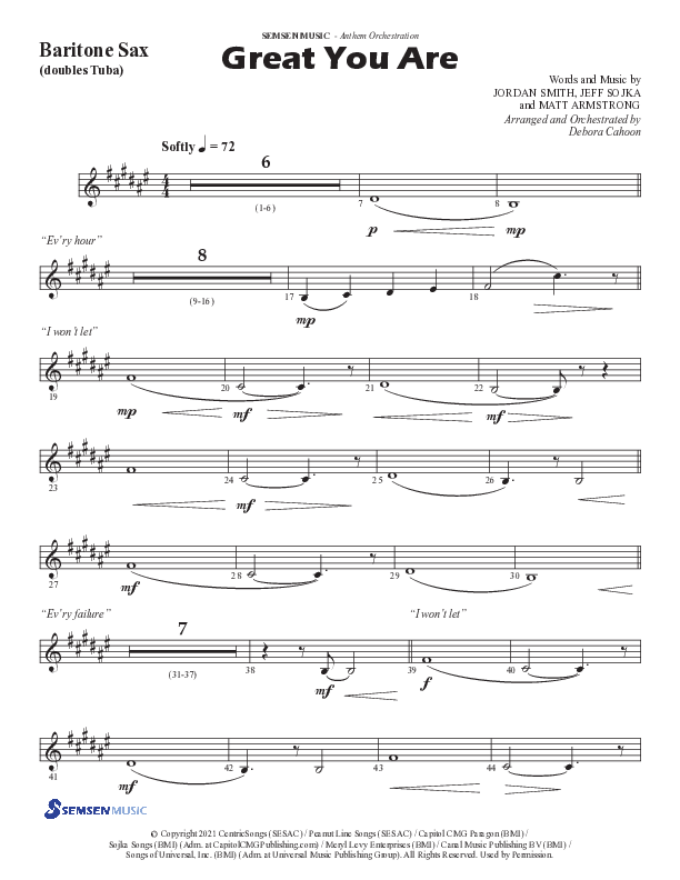 Great You Are (Choral Anthem SATB) Bari Sax (Semsen Music / Arr. Debora Cahoon)