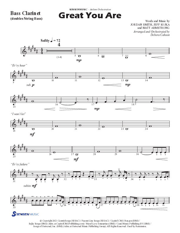 Great You Are (Choral Anthem SATB) Bass Clarinet (Semsen Music / Arr. Debora Cahoon)