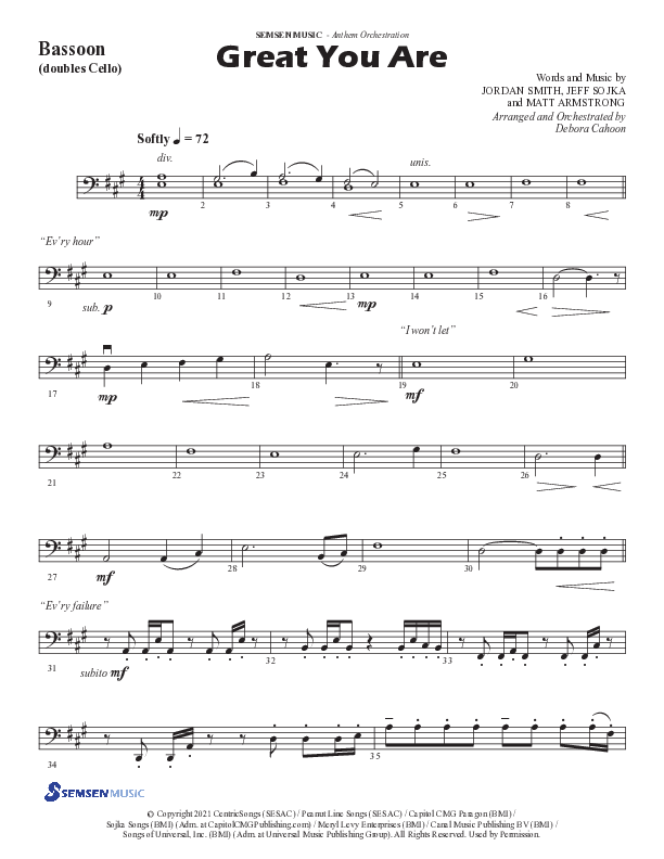 Great You Are (Choral Anthem SATB) Bassoon (Semsen Music / Arr. Debora Cahoon)