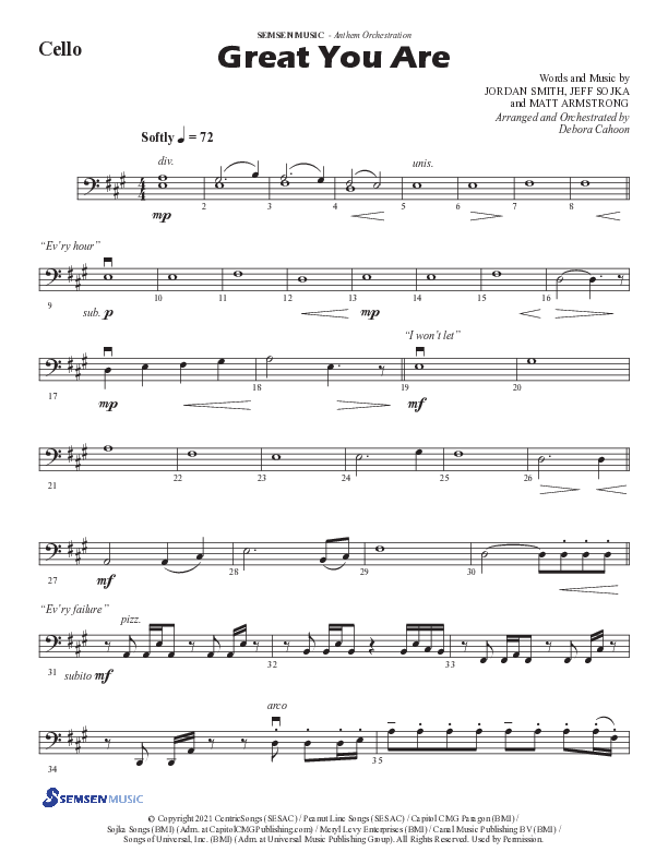 Great You Are (Choral Anthem SATB) Cello (Semsen Music / Arr. Debora Cahoon)