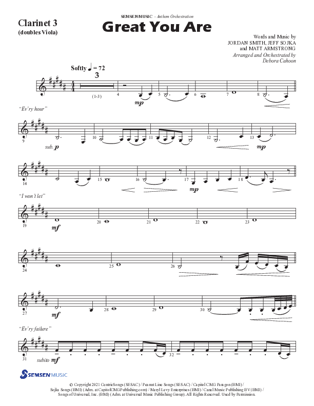 Great You Are (Choral Anthem SATB) Clarinet 3 (Semsen Music / Arr. Debora Cahoon)