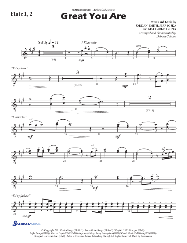 Great You Are (Choral Anthem SATB) Flute 1/2 (Semsen Music / Arr. Debora Cahoon)