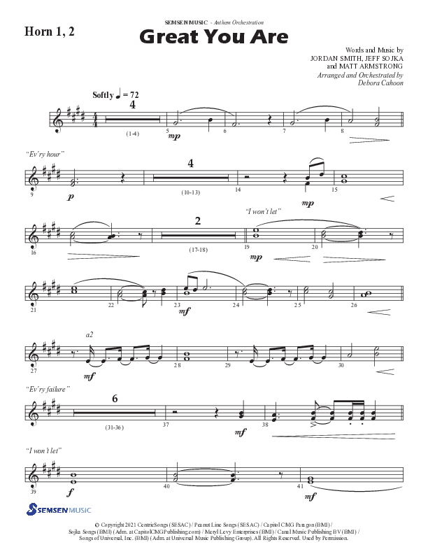 Great You Are (Choral Anthem SATB) French Horn 1/2 (Semsen Music / Arr. Debora Cahoon)