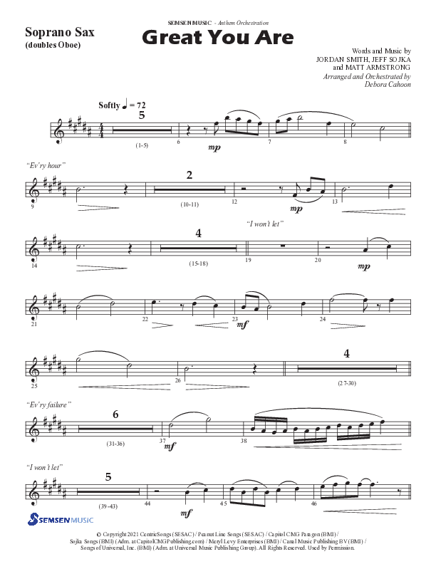 Great You Are (Choral Anthem SATB) Soprano Sax (Semsen Music / Arr. Debora Cahoon)