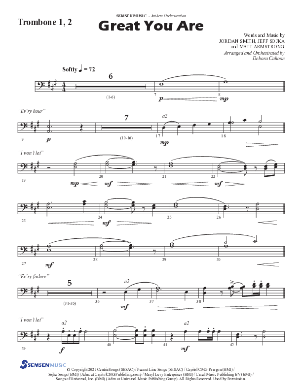 Great You Are (Choral Anthem SATB) Trombone 1/2 (Semsen Music / Arr. Debora Cahoon)