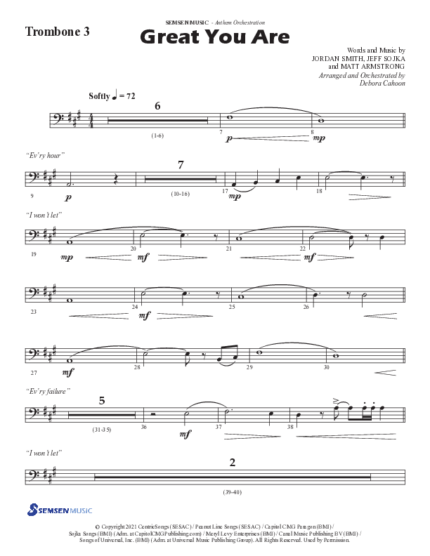 Great You Are (Choral Anthem SATB) Trombone 3 (Semsen Music / Arr. Debora Cahoon)