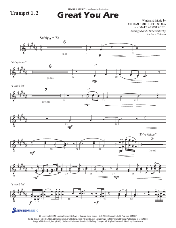 Great You Are (Choral Anthem SATB) Trumpet 1,2 (Semsen Music / Arr. Debora Cahoon)