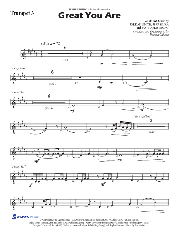 Great You Are (Choral Anthem SATB) Trumpet 3 (Semsen Music / Arr. Debora Cahoon)