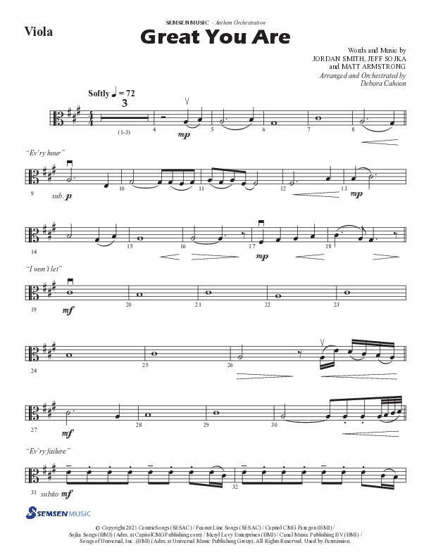 Great You Are (Choral Anthem SATB) Viola (Semsen Music / Arr. Debora Cahoon)