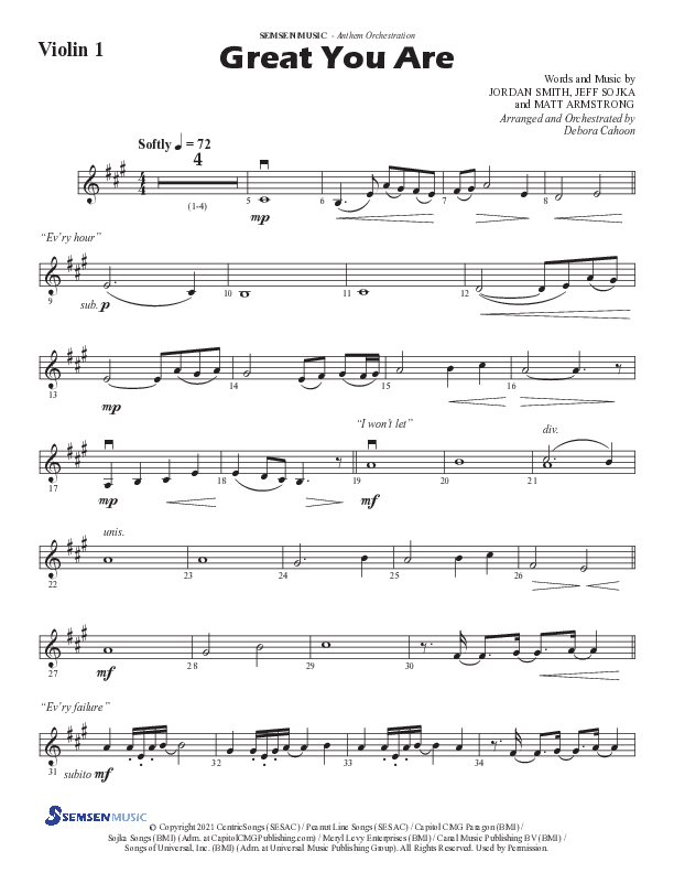 Great You Are (Choral Anthem SATB) Violin 1 (Semsen Music / Arr. Debora Cahoon)