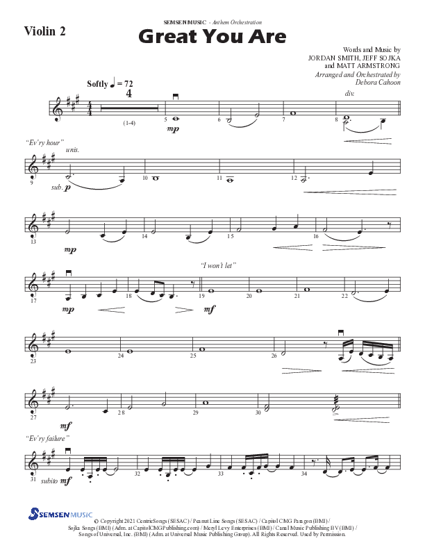 Great You Are (Choral Anthem SATB) Violin 2 (Semsen Music / Arr. Debora Cahoon)