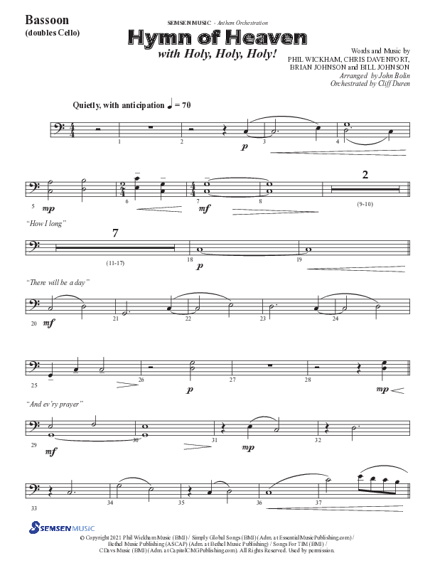 Hymn Of Heaven with Holy Holy Holy (Choral Anthem SATB) Bassoon (Semsen Music / Arr. John Bolin)