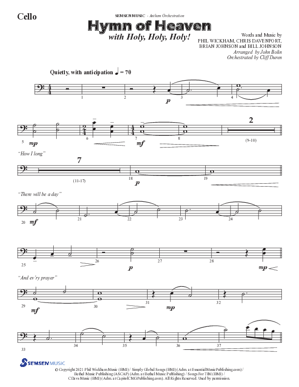 Hymn Of Heaven with Holy Holy Holy (Choral Anthem SATB) Cello (Semsen Music / Arr. John Bolin)