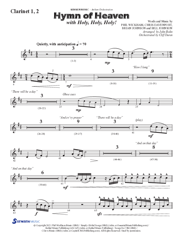 Hymn Of Heaven with Holy Holy Holy (Choral Anthem SATB) Clarinet 1/2 (Semsen Music / Arr. John Bolin)