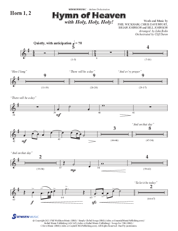 Hymn Of Heaven with Holy Holy Holy (Choral Anthem SATB) French Horn 1/2 (Semsen Music / Arr. John Bolin)