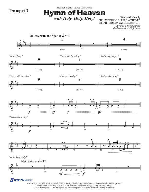 Hymn Of Heaven with Holy Holy Holy (Choral Anthem SATB) Trumpet 3 (Semsen Music / Arr. John Bolin)