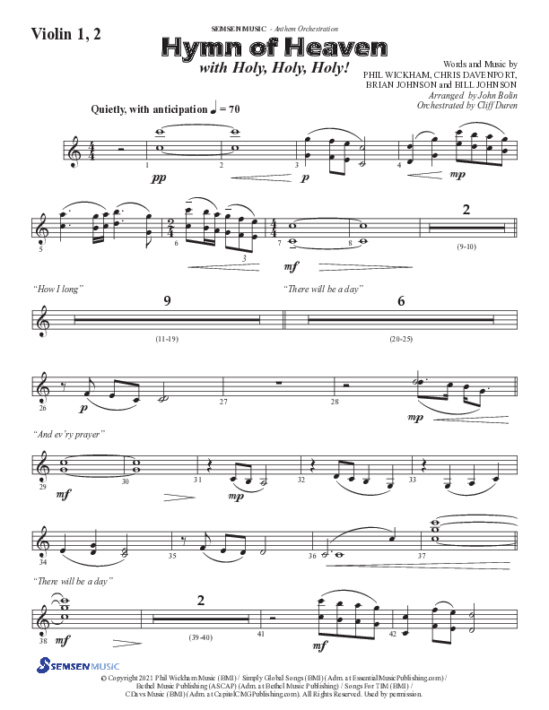 Hymn Of Heaven with Holy Holy Holy (Choral Anthem SATB) Violin 1/2 (Semsen Music / Arr. John Bolin)