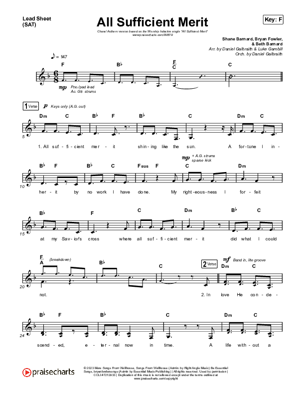 All Sufficient Merit (Choral Anthem SATB) Lead Sheet (SAT) (The Worship Initiative / Bethany Barnard / Arr. Luke Gambill)