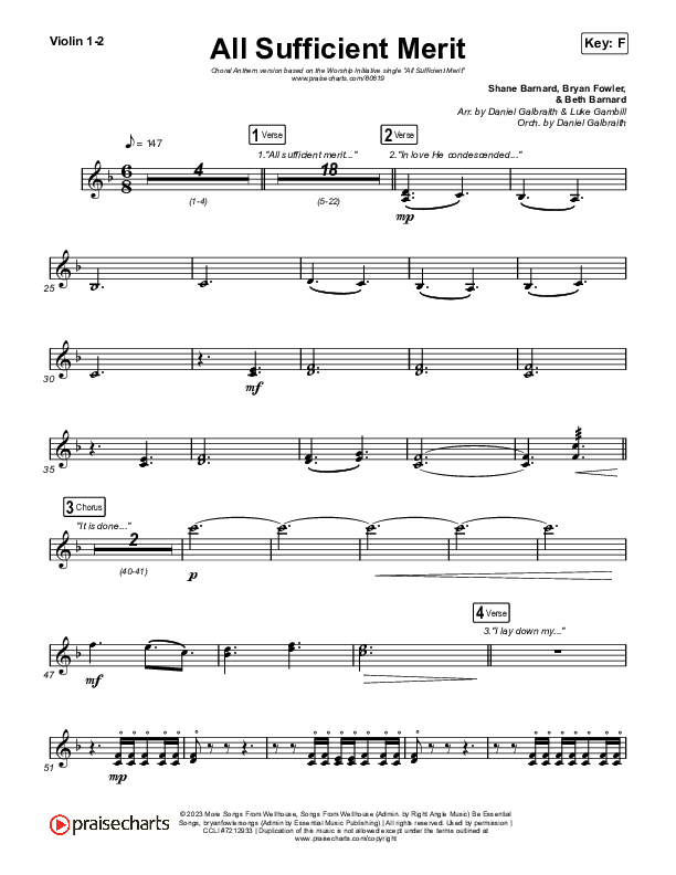 All Sufficient Merit (Choral Anthem SATB) Violin 1,2 (The Worship Initiative / Bethany Barnard / Arr. Luke Gambill)
