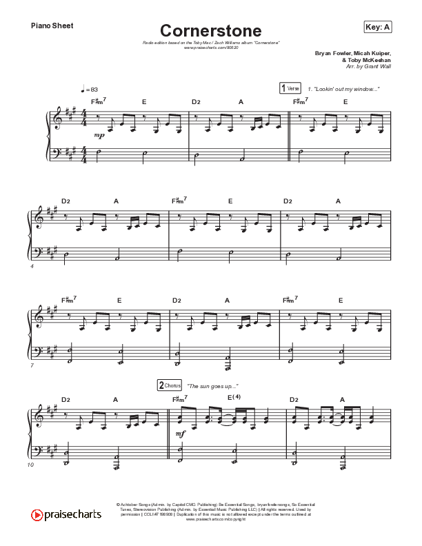 Cornerstone (Radio Edit) Piano Sheet (TobyMac / Zach Williams)