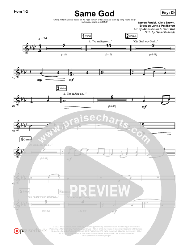 Same God (Choral Anthem SATB) French Horn 1,2 (Elevation Worship / Arr. Mason Brown)