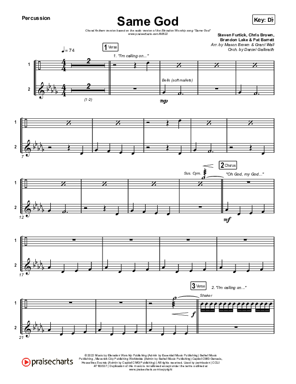 Same God (Choral Anthem SATB) Percussion (Elevation Worship / Arr. Mason Brown)