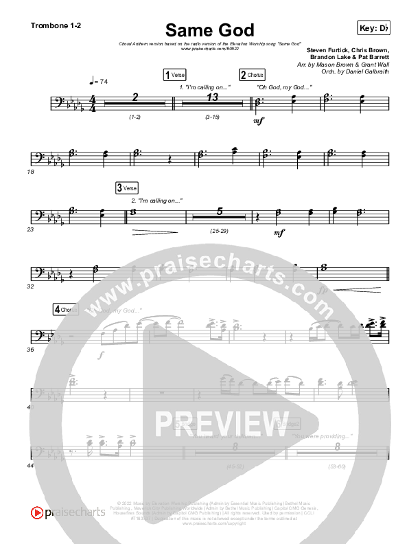 Same God (Choral Anthem SATB) Trombone 1/2 (Elevation Worship / Arr. Mason Brown)