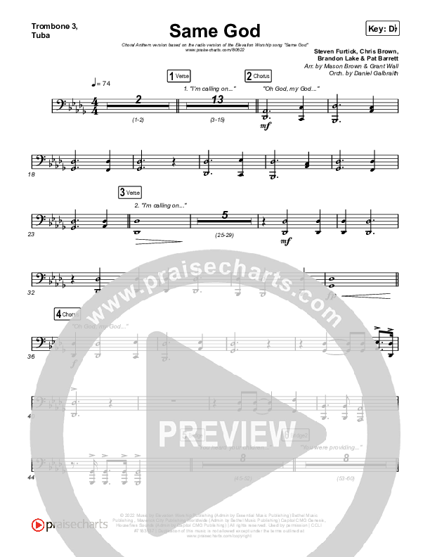 Same God (Choral Anthem SATB) Trombone 3/Tuba (Elevation Worship / Arr. Mason Brown)