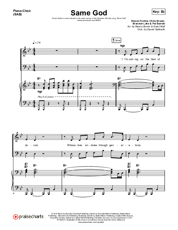 Same God (Worship Choir/SAB) Piano/Choir (SAB) (Elevation Worship / Arr. Mason Brown)