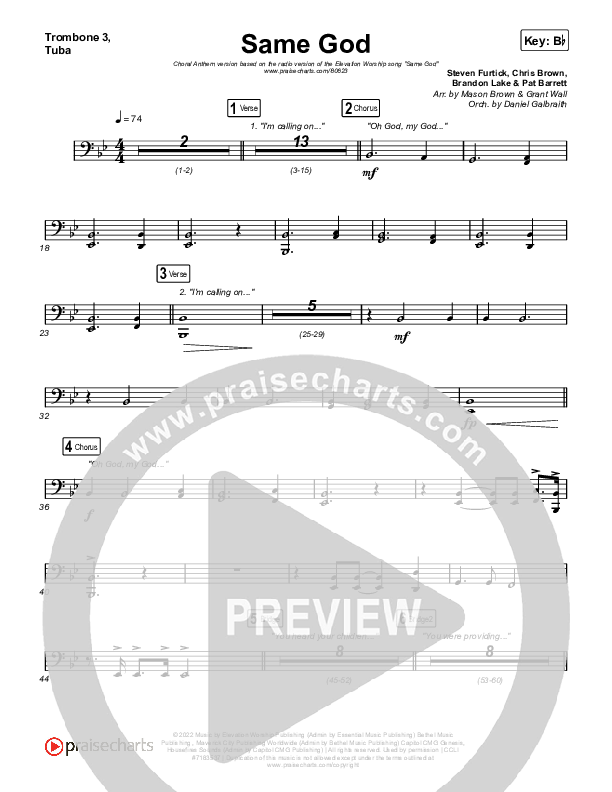 Same God (Worship Choir/SAB) Trombone 3/Tuba (Elevation Worship / Arr. Mason Brown)