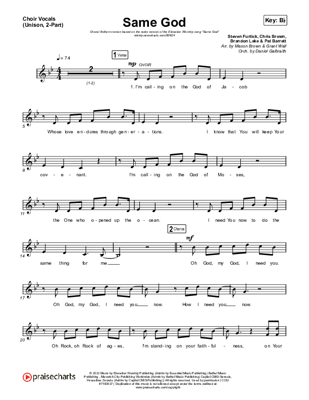 Same God (Unison/2-Part) Choir Vocals (Uni/2-Part) (Elevation Worship / Arr. Mason Brown)