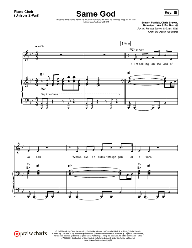 Same God (Unison/2-Part) Piano/Choir  (Uni/2-Part) (Elevation Worship / Arr. Mason Brown)