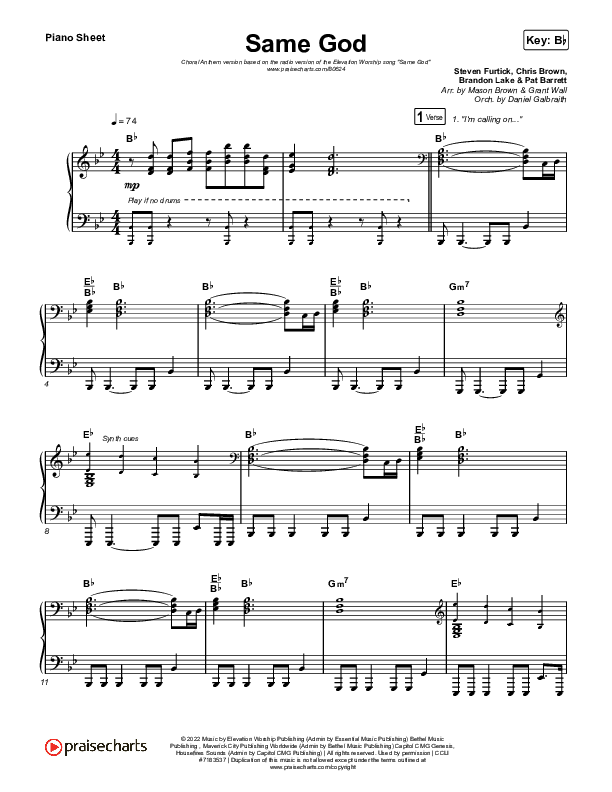 Same God (Unison/2-Part) Piano Sheet (Elevation Worship / Arr. Mason Brown)