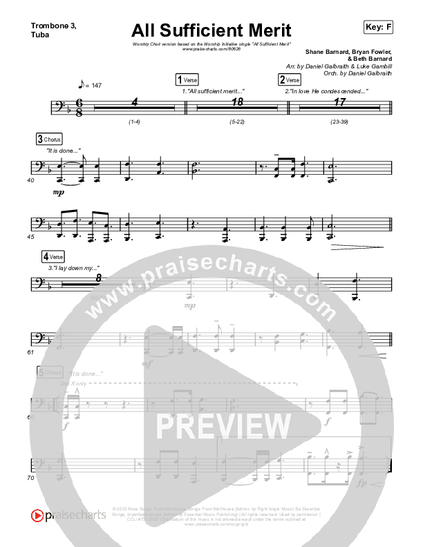 All Sufficient Merit (Worship Choir/SAB) Trombone 3/Tuba (The Worship Initiative / Bethany Barnard / Arr. Luke Gambill)