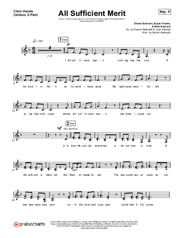 All Sufficient Merit (Unison/2-Part) Choir Vocals (Uni/2-Part) (The Worship Initiative / Bethany Barnard / Arr. Luke Gambill)