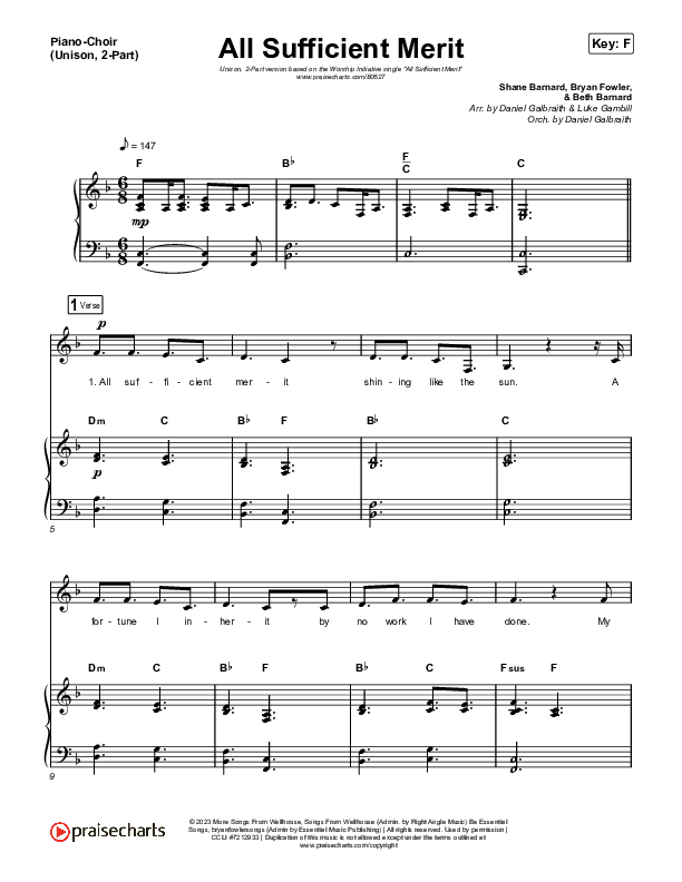All Sufficient Merit (Unison/2-Part) Piano/Choir  (Uni/2-Part) (The Worship Initiative / Bethany Barnard / Arr. Luke Gambill)
