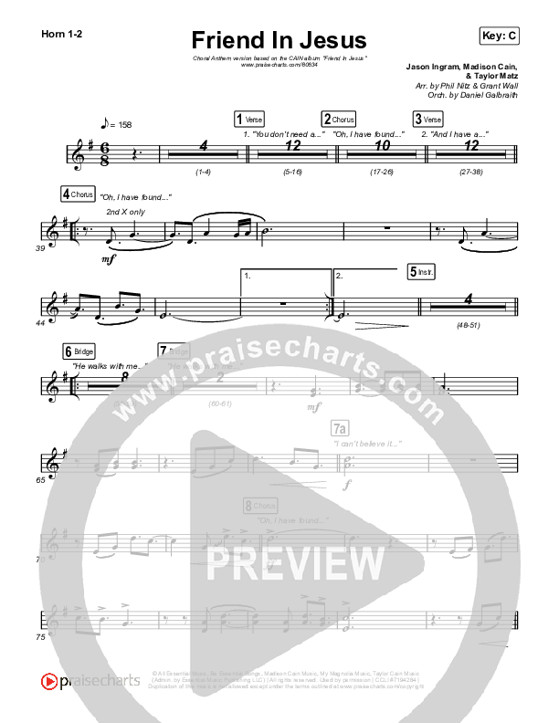 Friend In Jesus (Choral Anthem SATB) French Horn 1,2 (CAIN / Arr. Phil Nitz)