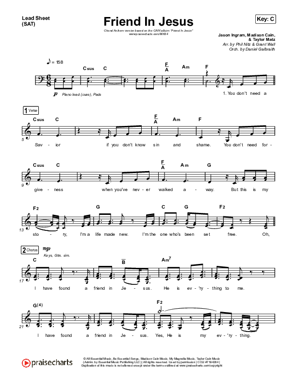 Friend In Jesus (Choral Anthem SATB) Lead Sheet (SAT) (CAIN / Arr. Phil Nitz)